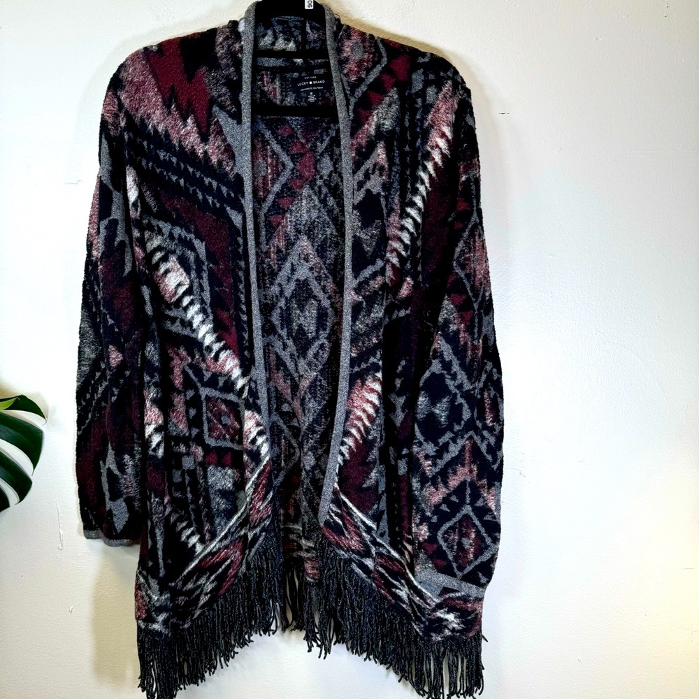 Lucky Brand tribal print kimono fringe Aztec sweater red black medium SP206